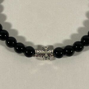 Mini Silver Cross Black Glass Bead Bracelet NWT